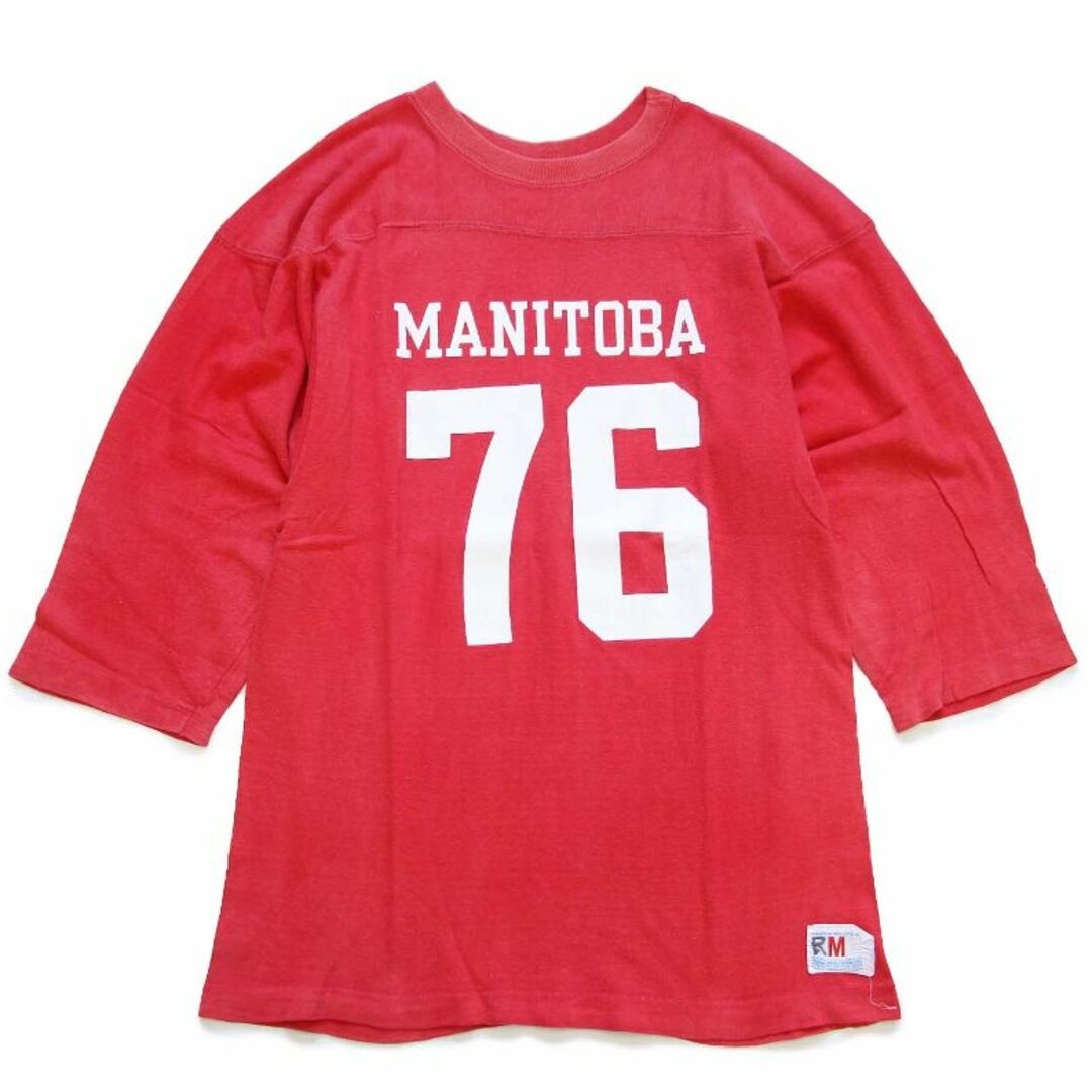 赤素材70s USA製 Championチャンピオン MANITOBA 76 ナンバリング コットン フットボールTシャツ 赤 フェード M★ビンテージ オールド バータグ