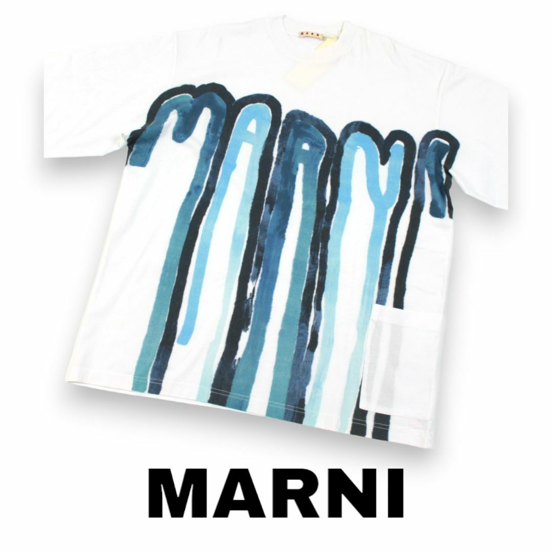 コットン100％型番マルニ　オーバーサイズ　半袖Tシャツ　水彩　ホワイト/ブルー　50