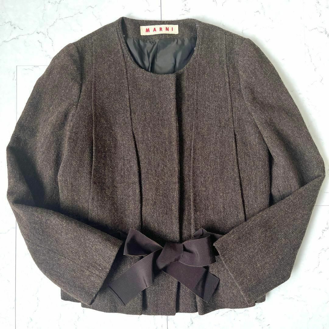 Marni(マルニ)の【マルニ】イタリア製 ウール リネン ツイード リボン ノーカラージャケット 茶 レディースのジャケット/アウター(ノーカラージャケット)の商品写真