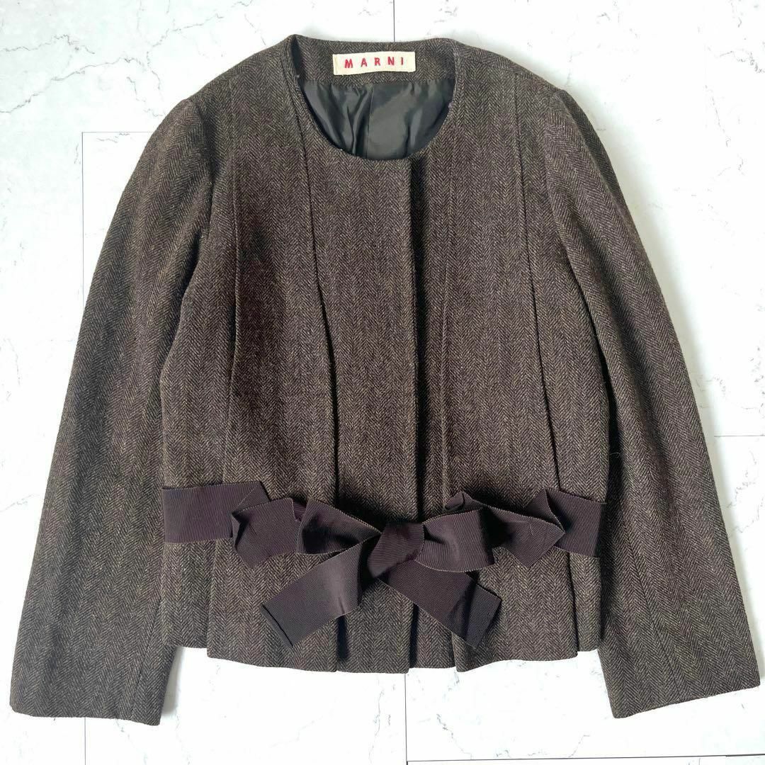 Marni(マルニ)の【マルニ】イタリア製 ウール リネン ツイード リボン ノーカラージャケット 茶 レディースのジャケット/アウター(ノーカラージャケット)の商品写真