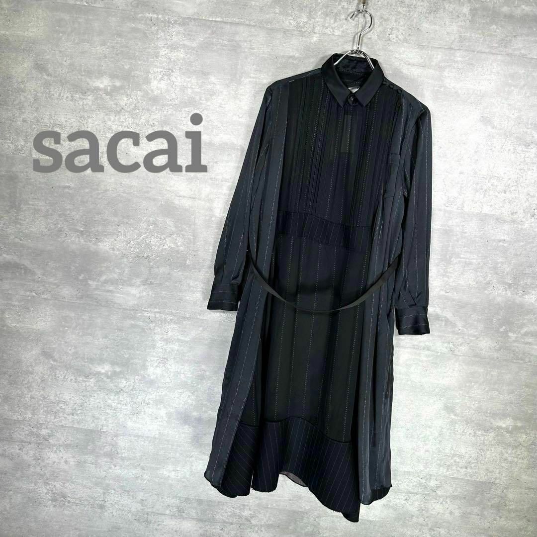 カラーブラック『sacai』サカイ (1) ペチコート付き ストライプ シースルーワンピース