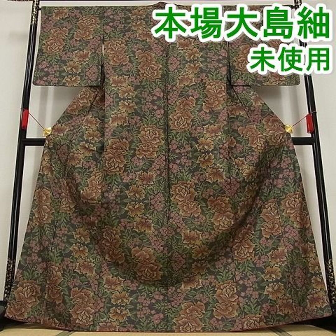 平和屋-こころ店■本場大島紬　7マルキ　草花文　黒地　着丈169cm　裄丈66cm　正絹　逸品　未使用　mop4274商品詳細