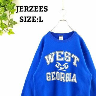 ジャージーズ(JERZEES)のUS古着 スウェット トレーナー カレッジデザイン 水色 ビッグプリント L(スウェット)