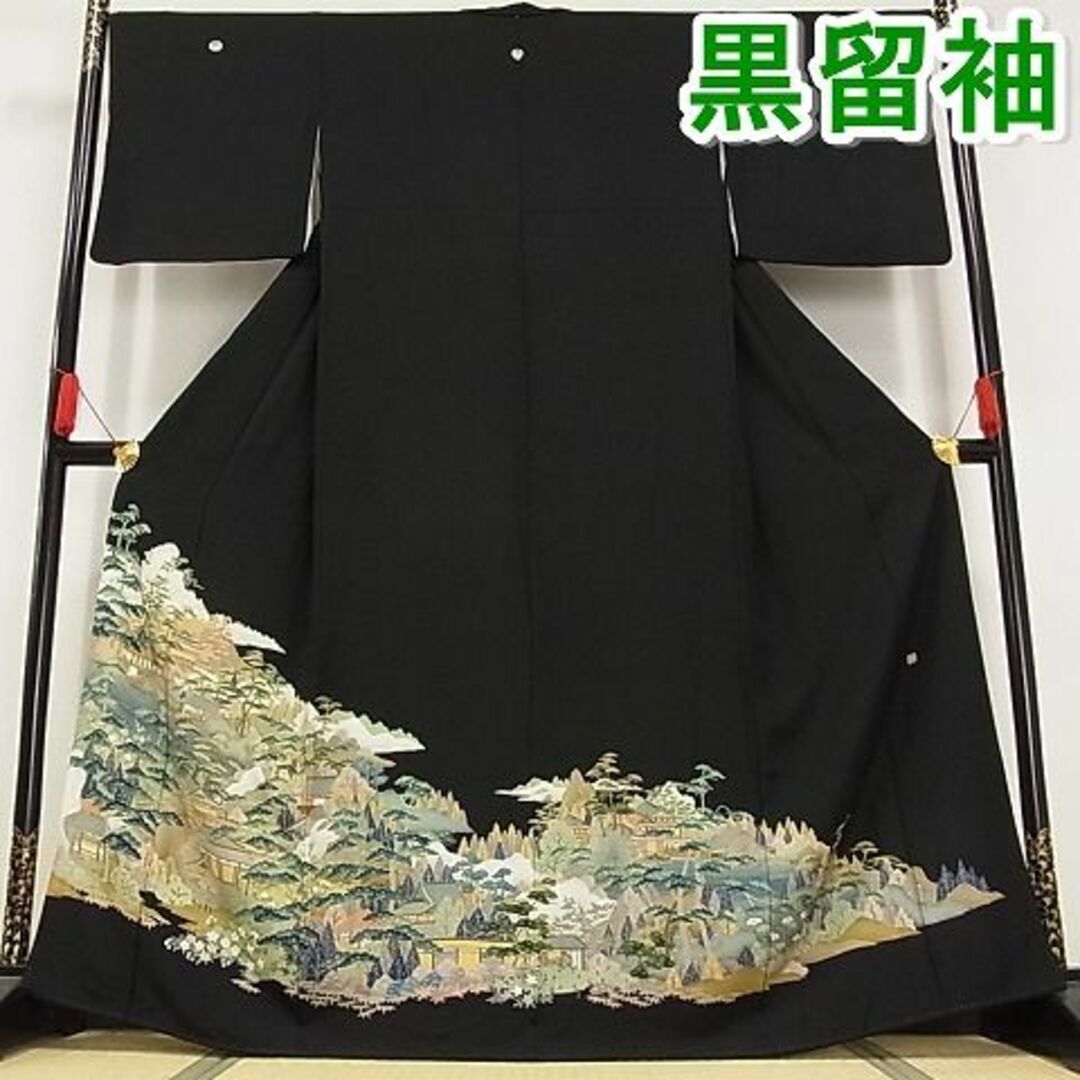 平和屋-こころ店■豪華黒留袖　友禅　作家物　風景文　着丈166cm　裄丈67.5cm　正絹　逸品　mop4218サイズ