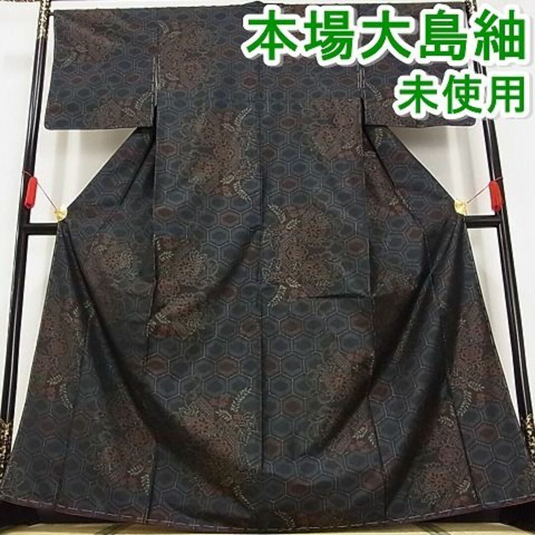 160身頃側約25cm平和屋-こころ店■本場大島紬　花亀甲文　黒地　着丈165.5cm　裄丈67cm　正絹　逸品　未使用　mop4355