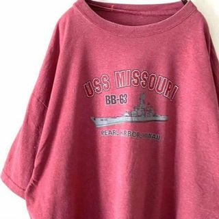 USS MISSOURI パールハーバー ハワイ Tシャツ レッド朱色赤 古着(Tシャツ/カットソー(半袖/袖なし))