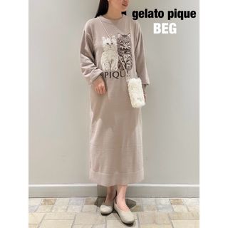 ジェラートピケ(gelato pique)のジェラートピケ　ジェラピケ　ツインキャットジャガードワンピース　ベージュ★新品(ルームウェア)