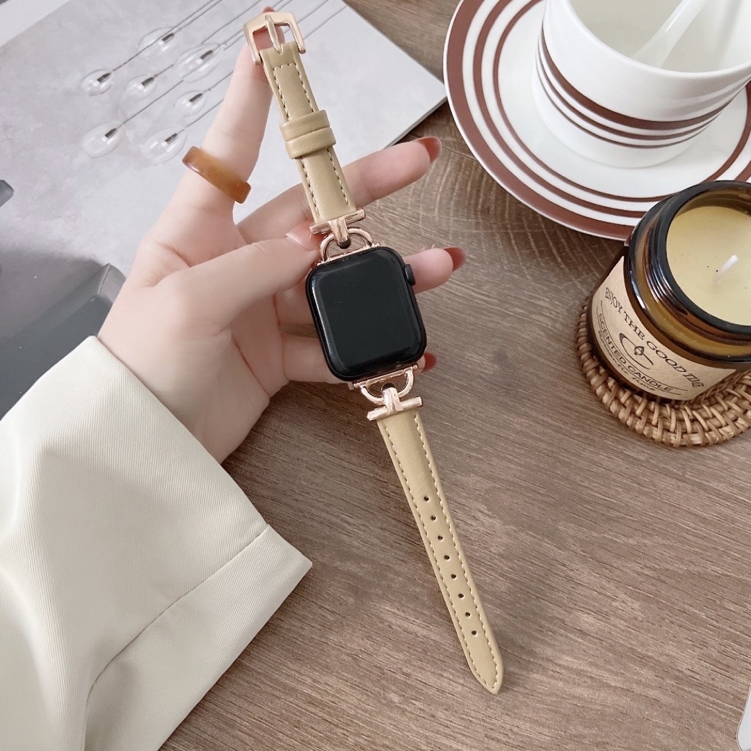 AppleWatch フェイクレザー ブレスレット ライトカーキ+ローズバックル レディースのファッション小物(腕時計)の商品写真