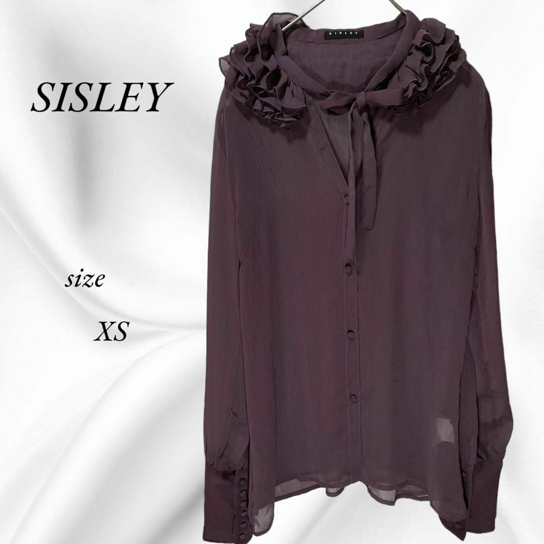 Sisley(シスレー)のSISLEY　シスレー　ブラウス　シアーシャツ　無地　パープル　襟フリル　XS レディースのトップス(シャツ/ブラウス(長袖/七分))の商品写真