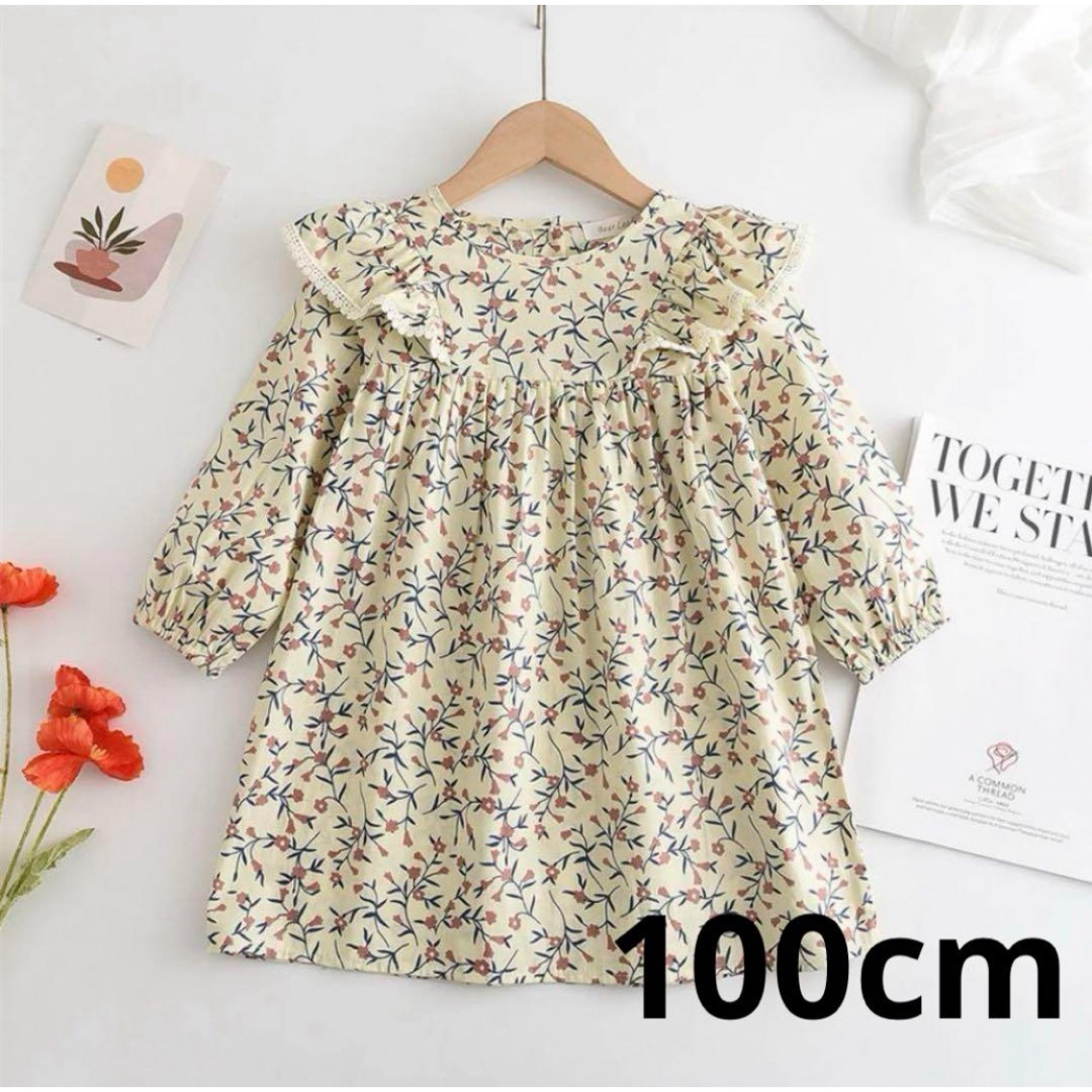 ワンピース　花柄　総柄　100cm　クリーム×ピンク　韓国子供服 キッズ/ベビー/マタニティのキッズ服女の子用(90cm~)(ワンピース)の商品写真