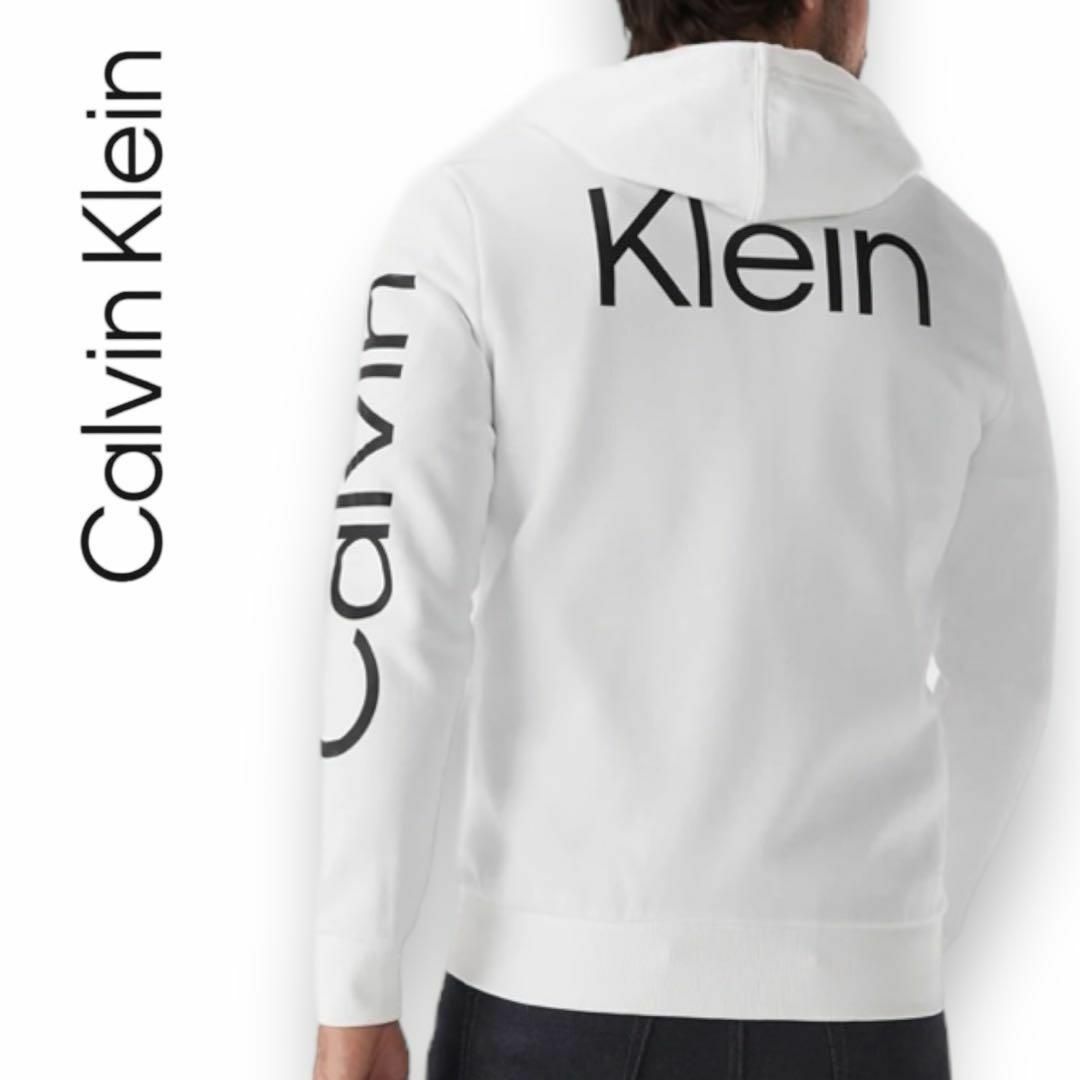 Calvin Klein(カルバンクライン)のカルバンクラインジーンズ メンズ ビッグロゴ パーカー M 白 ブラック ロゴ メンズのトップス(パーカー)の商品写真
