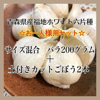青森県産にんにく サイズ混合バラ200g+土付きカットごぼう2本(野菜)