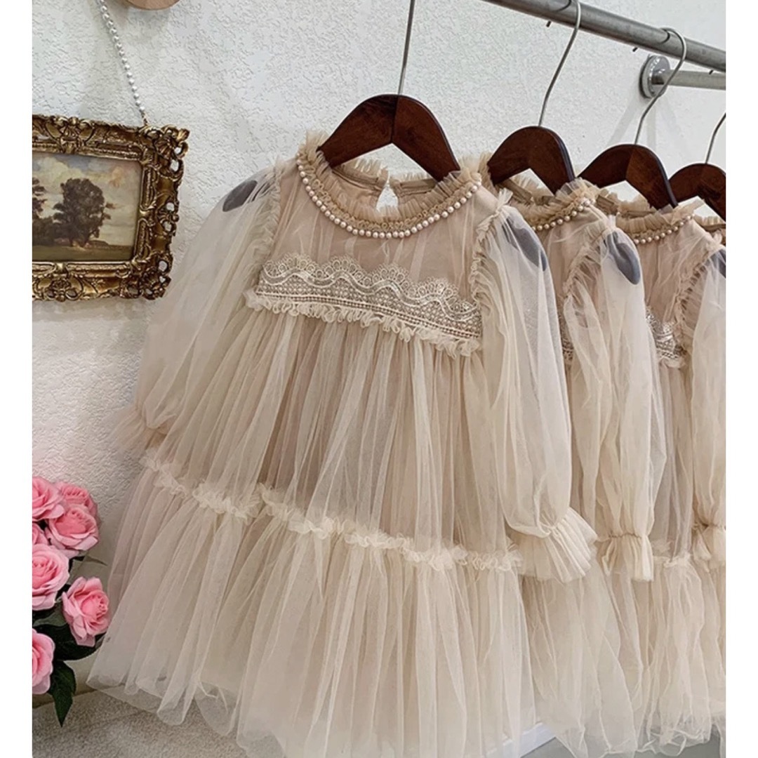 90センチ♡ ティアード チュールレース パール ワンピース ドレス 子供 キッズ/ベビー/マタニティのキッズ服女の子用(90cm~)(ドレス/フォーマル)の商品写真