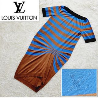 ルイヴィトン(LOUIS VUITTON)の【美品】ルイヴィトン　半袖　ボーダー　ロゴ入り　ワンピース　ドレス　サイズM(ひざ丈ワンピース)