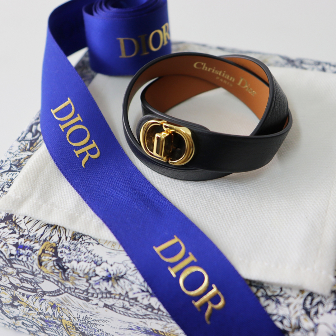 極美品 クリスチャンディオール Christian Dior 30 Montaigne カーフスキン ダブルブレスレット/ブラック ターンロック【2400013691031】ブレスレット/バングル