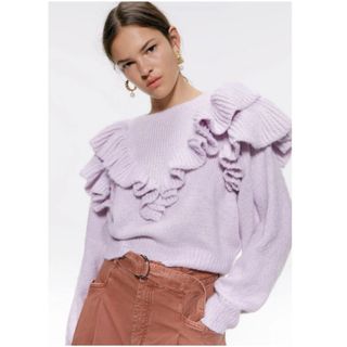 ザラ(ZARA)のザラ ZARA ビッグフリル クロップド ニット セーター パープル　Lサイズ(ニット/セーター)