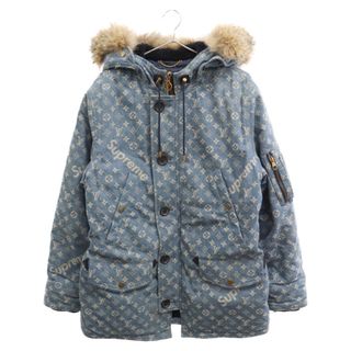 シュプリーム(Supreme)のSUPREME シュプリーム ×LOUIS VUITTON 17AW LV Jacquard Denim N-3B デニムモノグラムコヨーテファーN-3Bミリタリーコート インディゴ(ダウンジャケット)