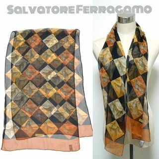 サルヴァトーレフェラガモ(Salvatore Ferragamo)のフェラガモ■ロゴ入り格子柄縦型シルクシフォンスカーフ　ヒョウ柄　ひょう　ストール(バンダナ/スカーフ)