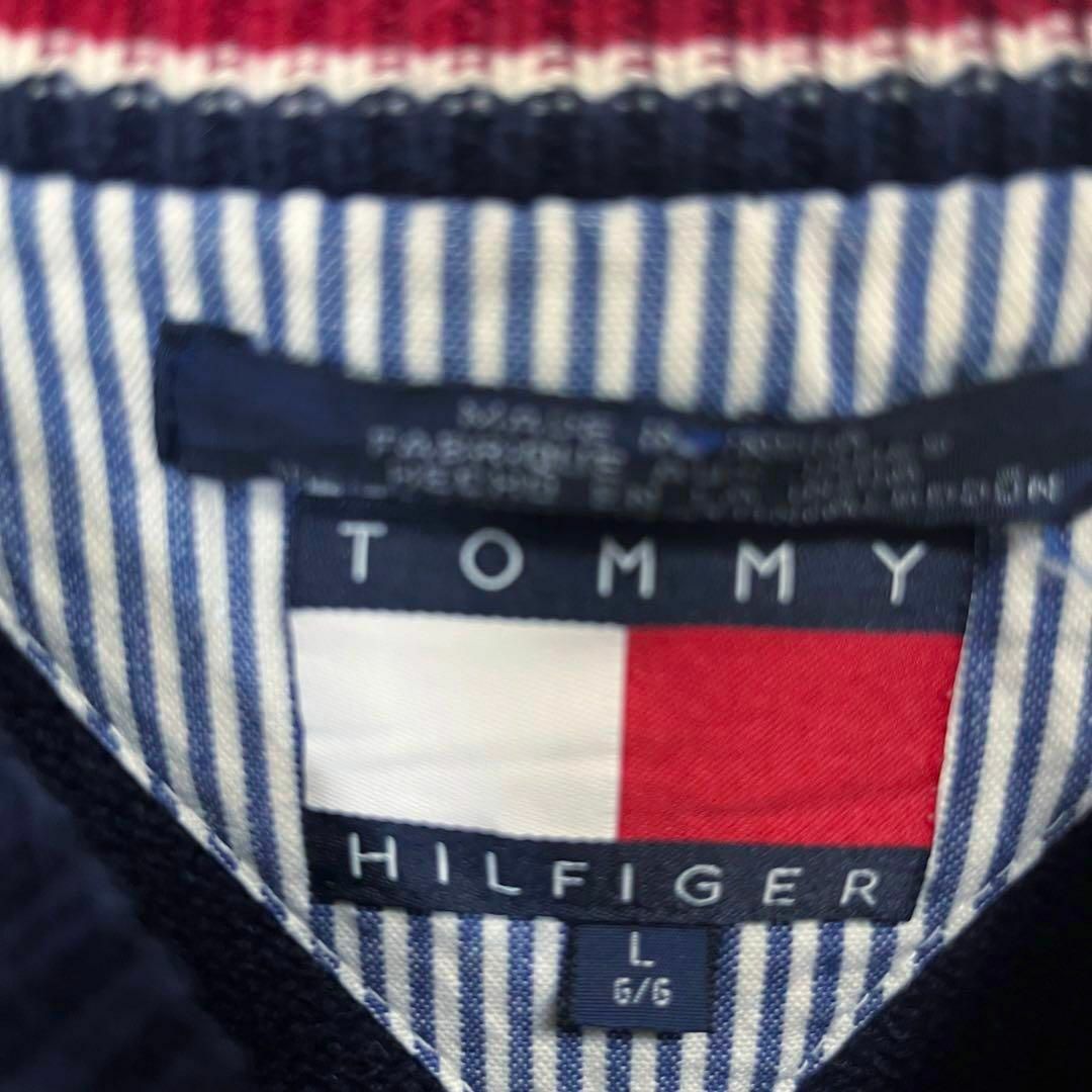 TOMMY HILFIGER(トミーヒルフィガー)の90sヴィンテージ古着トミーヒルフィガー　刺繍ロゴコットンニット　L ネイビー. メンズのトップス(ニット/セーター)の商品写真