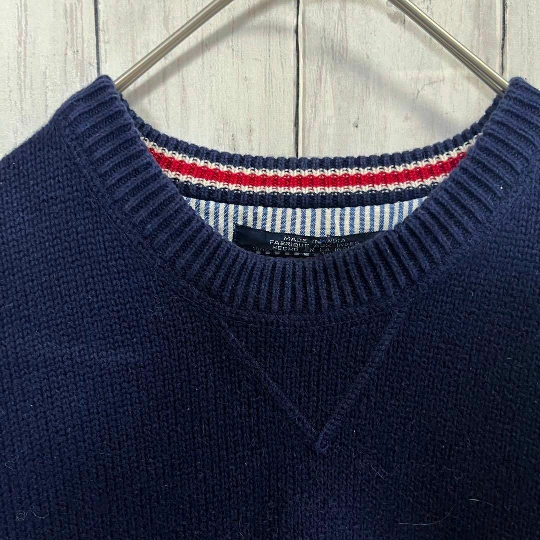 TOMMY HILFIGER(トミーヒルフィガー)の90sヴィンテージ古着トミーヒルフィガー　刺繍ロゴコットンニット　L ネイビー. メンズのトップス(ニット/セーター)の商品写真