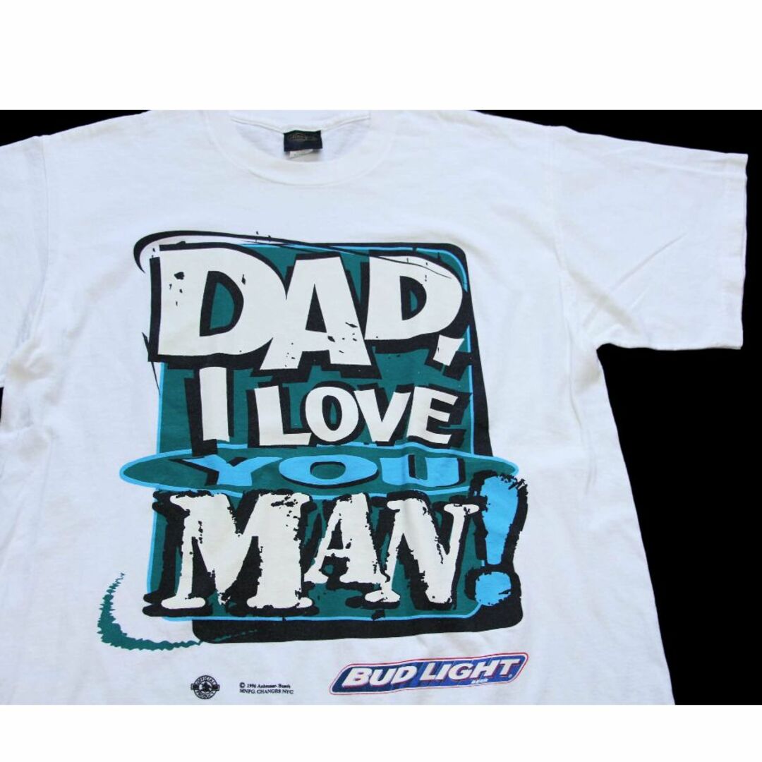 CHANGES(チェンジズ)の90s USA製 DAD, I LOVE YOU MAN! BUD LIGHTバドライト コットンTシャツ 白 XL★Budweiserバドワイザー Beer ビール ロゴ オールド メンズのトップス(Tシャツ/カットソー(半袖/袖なし))の商品写真