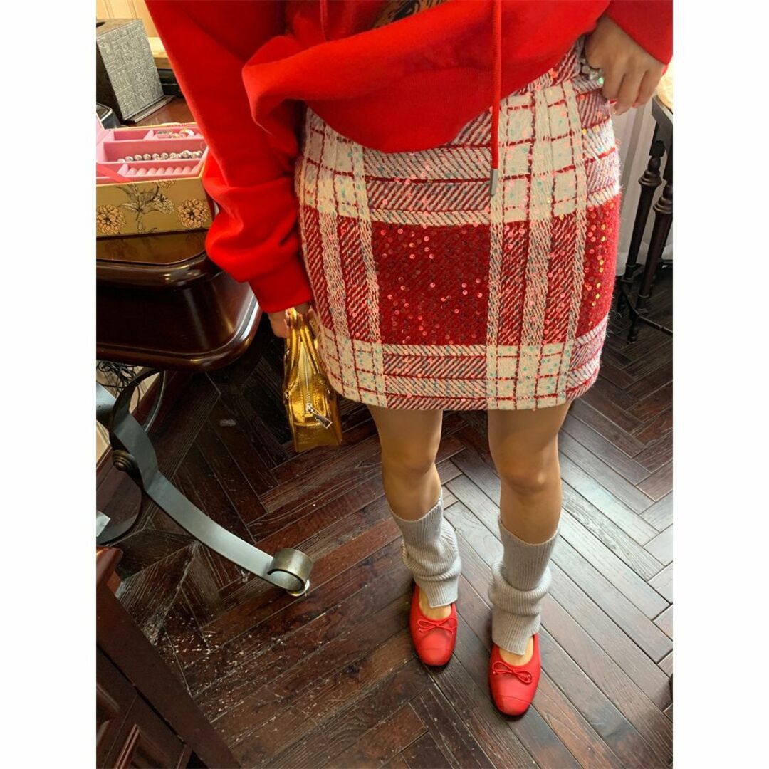 Katie(ケイティー)のLUOLUOJUANJIE スパンコール チェック柄 レッド タイトミニスカート レディースのスカート(ミニスカート)の商品写真
