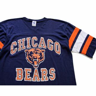 80s USA製 LOGO7 NFL CHICAGO BEARS ビッグロゴ Vネック フットボールTシャツ 紺 L★オールド ビンテージ アメフト オーバーサイズ(Tシャツ/カットソー(七分/長袖))