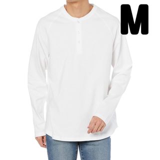 Amazon ヘンリーネック シャツ レギュラーフィット 長袖 メンズ 白 M(Tシャツ/カットソー(七分/長袖))