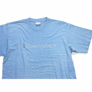 チャンピオン(Champion)の90s イタリア製 Championチャンピオン スクリプト ビッグロゴ Tシャツ 杢ブルー★オールド ユーロ ヨーロッパ クルーネック デカロゴ(Tシャツ/カットソー(半袖/袖なし))