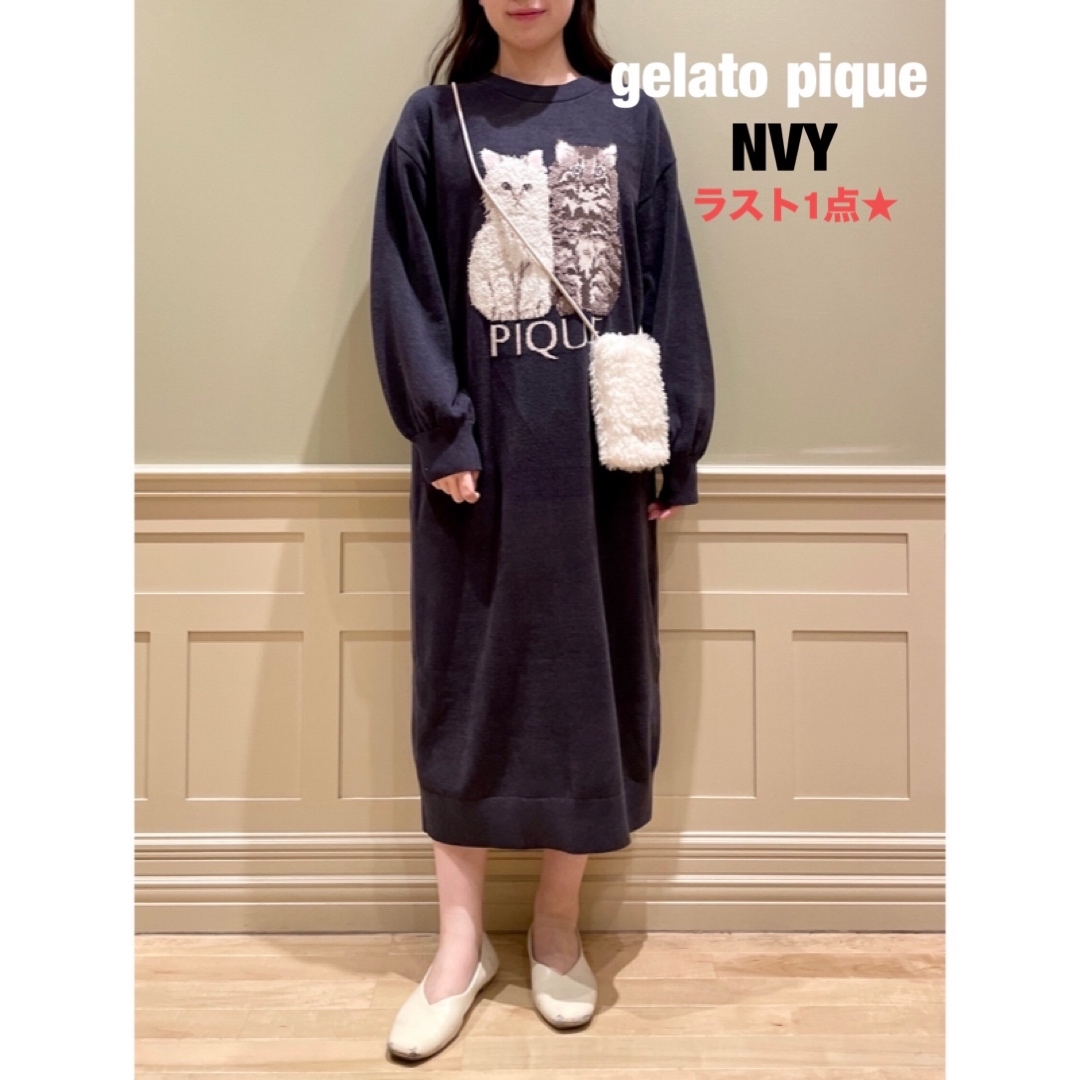 gelato pique(ジェラートピケ)のジェラートピケ　ジェラピケ　ツインキャットジャガードワンピース　ネイビー★新品　 レディースのルームウェア/パジャマ(ルームウェア)の商品写真