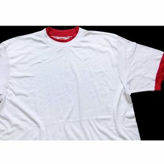 デッドストック★90s USA製 NUTMEG 無地 レイヤードネック&スリーブ コットンTシャツ 白×濃赤 XL★オールド ビンテージ オーバーサイズ(Tシャツ/カットソー(半袖/袖なし))