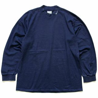 ナイキ(NIKE)の00s メキシコ製 NIKEナイキ ワンポイント モックネック コットン 長袖Tシャツ 紺 L★オールド カットソー ロゴ刺繍 スウッシュ(Tシャツ/カットソー(七分/長袖))