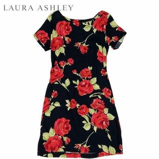 ローラアシュレイ(LAURA ASHLEY)のLAURAASHREY ローラアシュレイ　大判　花柄　バラ　ワンピース　ブラック(ひざ丈ワンピース)