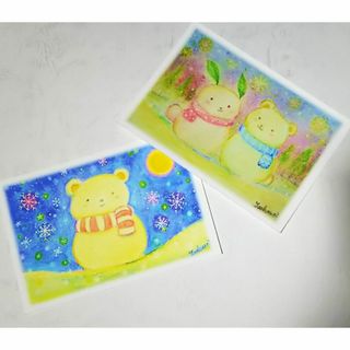 【訳あり】うさぎとくまの雪だるま寒中お見舞い絵葉書2枚　透明水彩ポストカード(カード/レター/ラッピング)