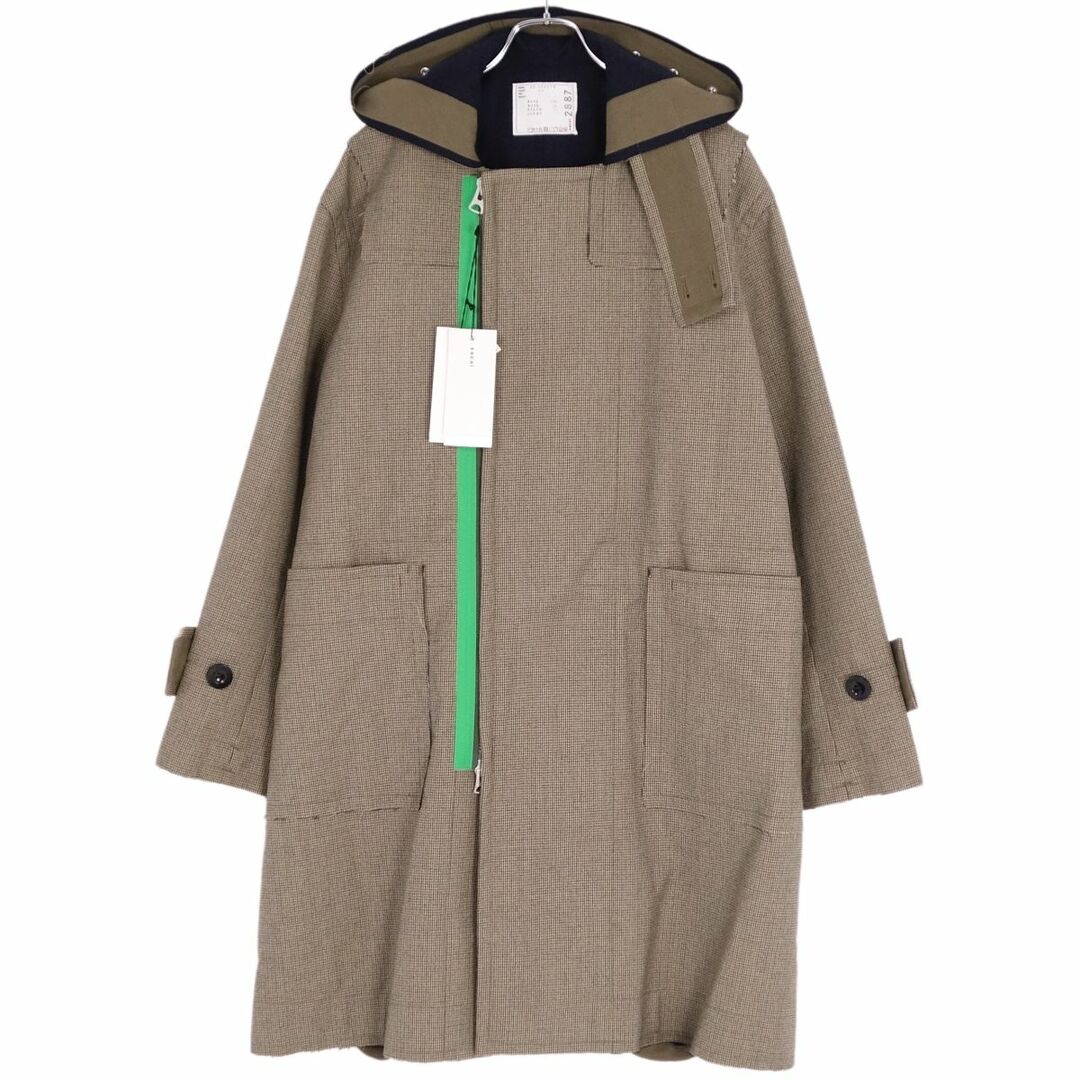 極美品 サカイ Sacai コート ロングコート 22AW Check Bonding Coat 22-02887M フーディー フード 千鳥格子  アウター メンズ 1(S相当) ブラウン