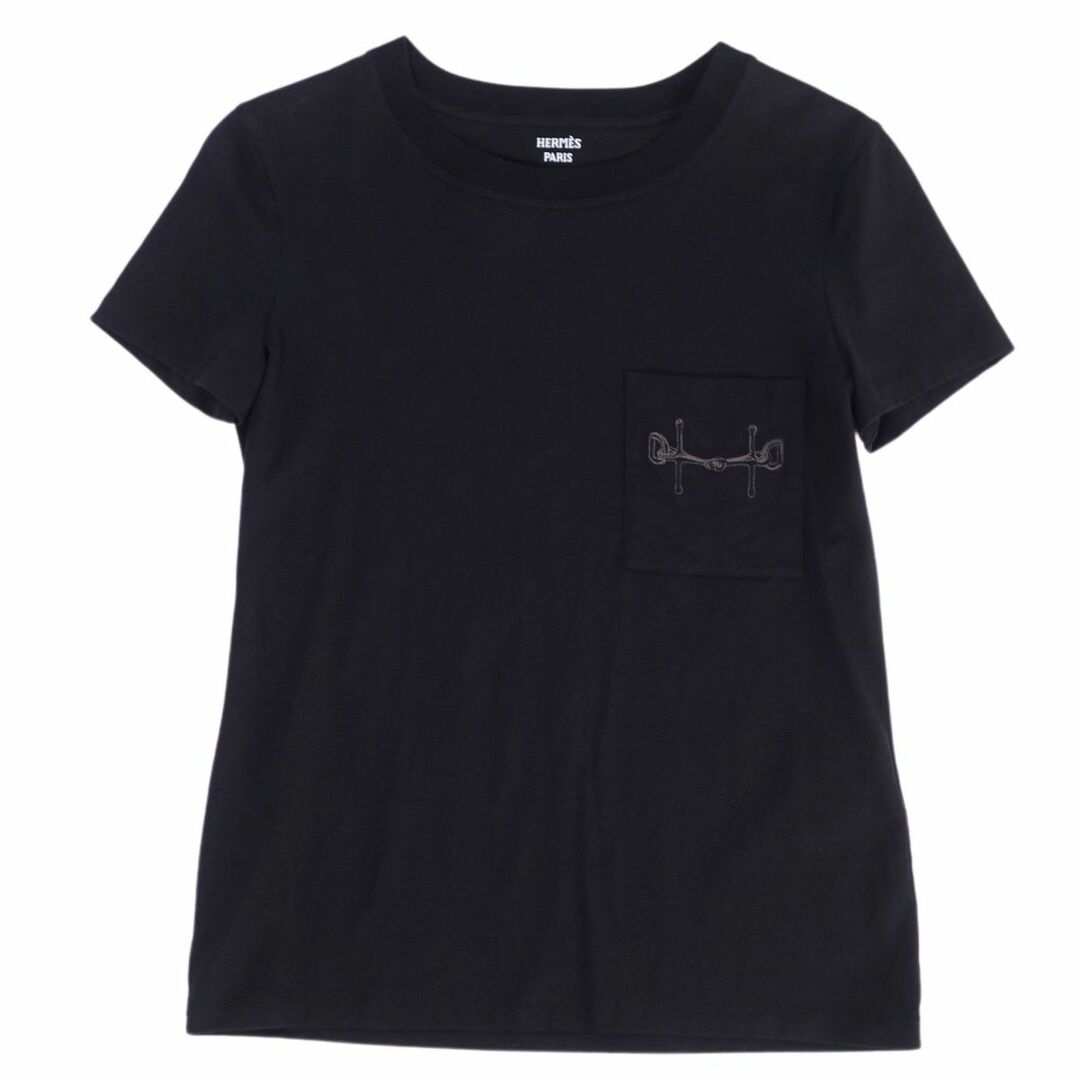 美品 エルメス HERMES Tシャツ カットソー 20AW 半袖 ショートスリーブ ホースビット刺繍 トップス レディース 34(S相当) ブラック約16cm