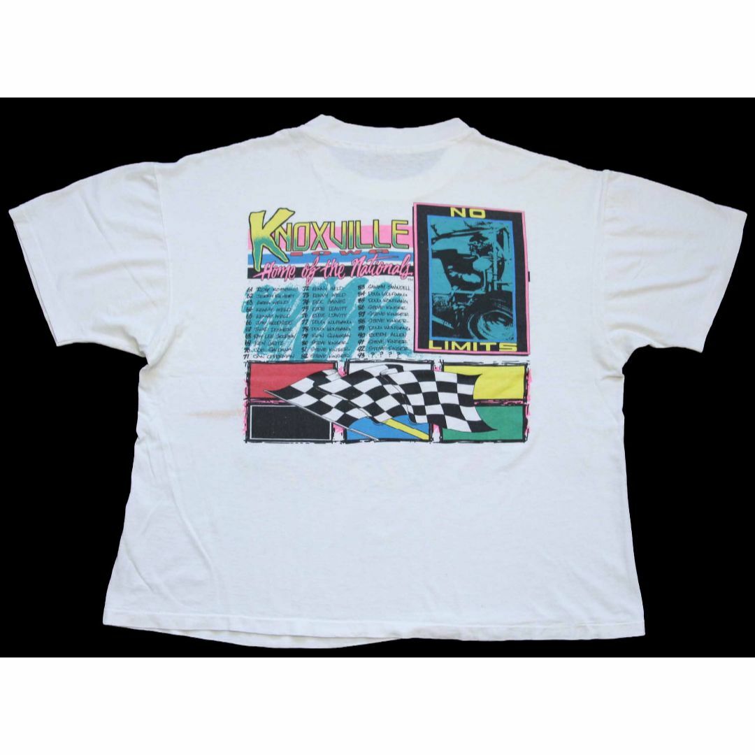 Hanes(ヘインズ)の90s USA製 Hanes KNOXVILLE nationals チェッカーフラッグ 両面プリント Tシャツ 白 XL★オールド ダート レース オフロード 蛍光 ネオン メンズのトップス(Tシャツ/カットソー(半袖/袖なし))の商品写真