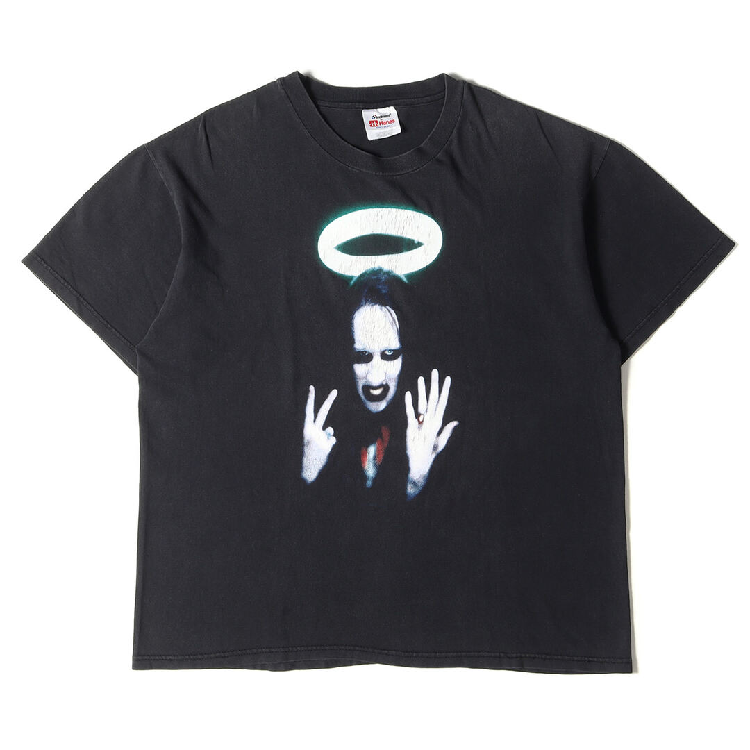 Tシャツ/カットソー(半袖/袖なし)90s Marilyn Manson MIDDLE FINGERS マリリン・マンソン ANTICHRIST SUPERSTAR クルーネック 半袖 Tシャツ Stedman by Hanesボディ ブラック 黒 サイズ:L Vintage Music Item ヴィンテージ バンドT ロックT トップス カットソー【メンズ】