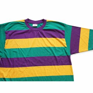 90s IMPORTED BY KAPLIN INC マルチ太ボーダー Tシャツ 紫×黄×緑 XL★オールド オーバーサイズ ビッグサイズ(Tシャツ/カットソー(半袖/袖なし))