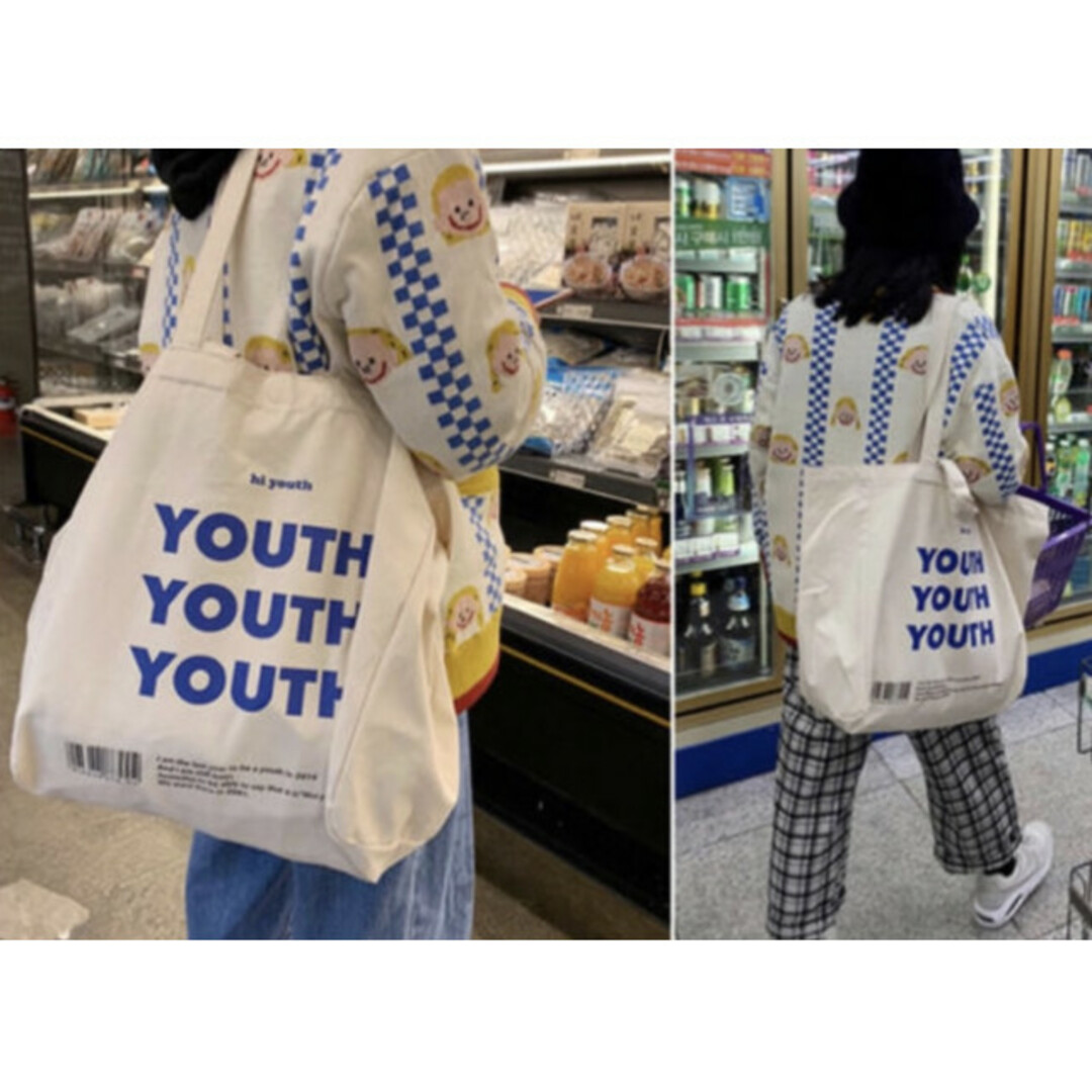 youth ロゴ キャンバストート 帆布 きなり 綺麗 美品 大容量 安い 青 レディースのバッグ(ショルダーバッグ)の商品写真