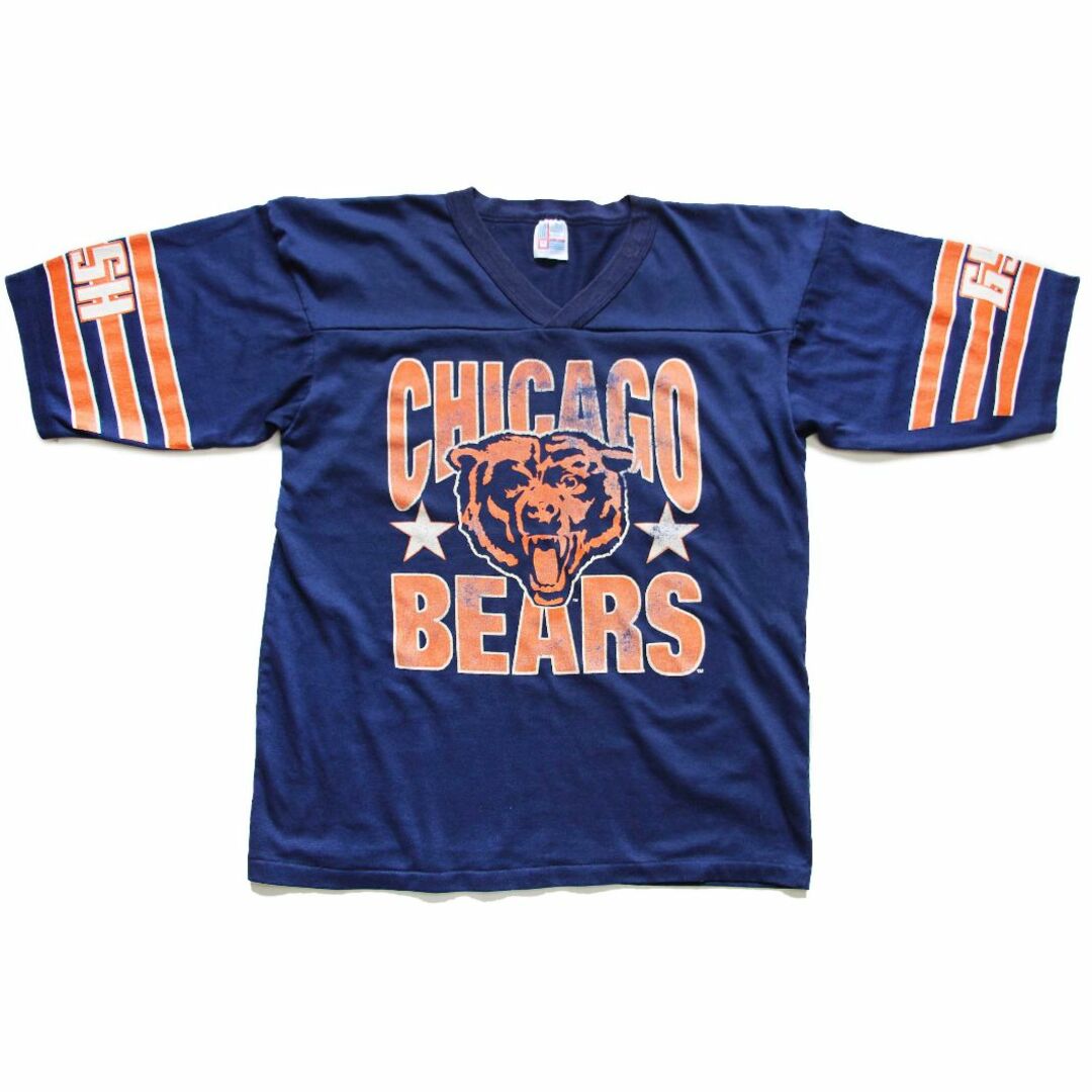 80s USA製 NFL CHICAGO BEARS ビッグロゴ ひび割れプリント Vネック フットボールTシャツ 紺 M★オールド ビンテージ アメフト メンズのトップス(Tシャツ/カットソー(七分/長袖))の商品写真