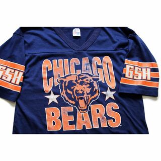80s USA製 NFL CHICAGO BEARS ビッグロゴ ひび割れプリント Vネック フットボールTシャツ 紺 M★オールド ビンテージ アメフト(Tシャツ/カットソー(七分/長袖))