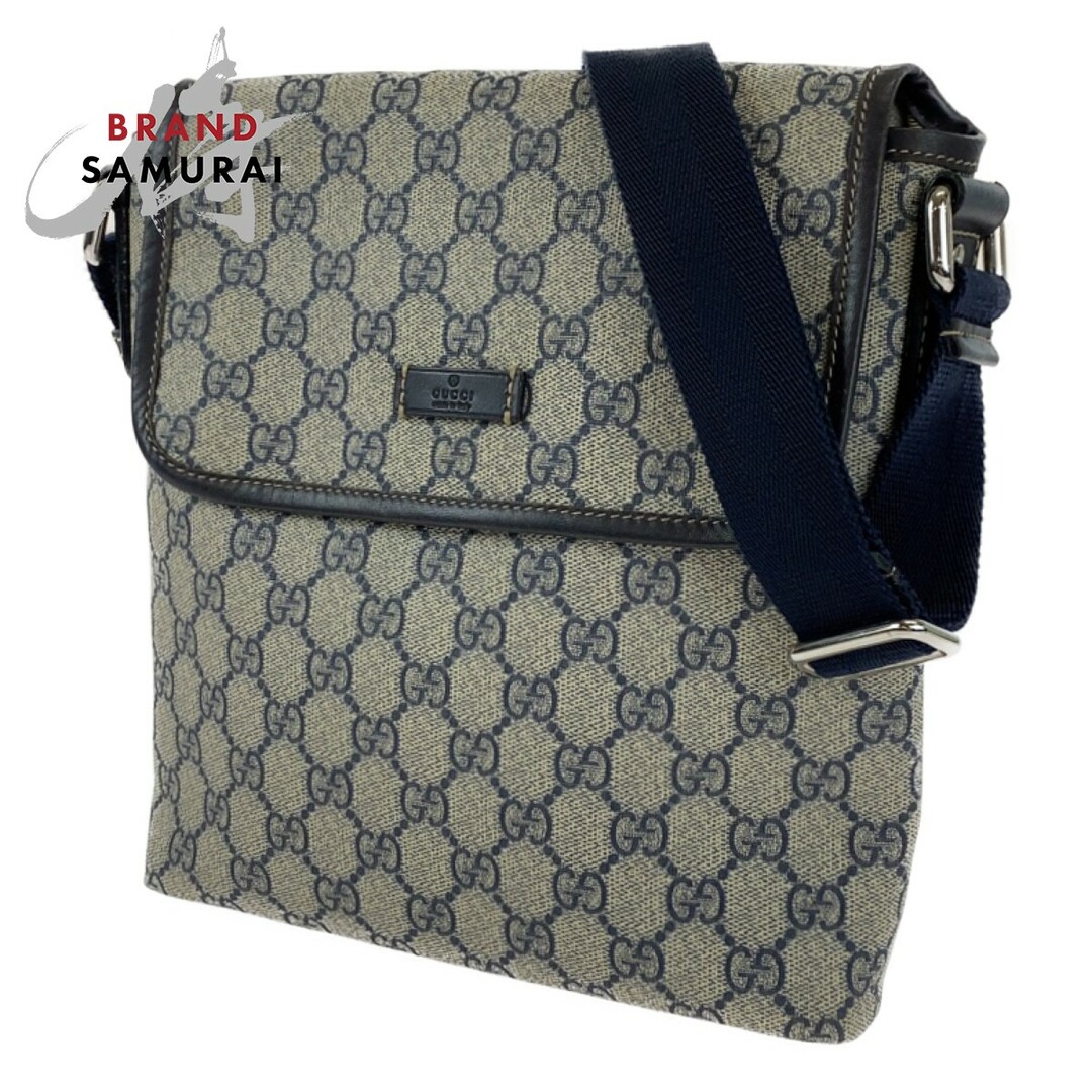 美品 GUCCI グッチ GGスプリーム ネイビー 紺 ブラウン シルバー金具 PVC 22366 ショルダーバッグ 斜め掛けバッグ レディース 404618