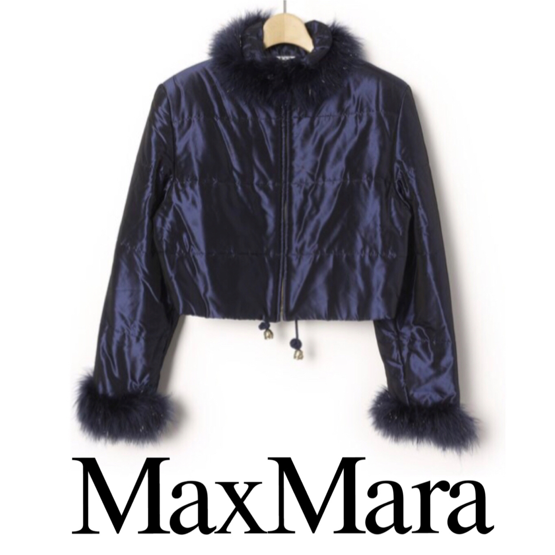 約63cm状態Max Mara マックスマーラ ファー付シルク混ショート丈中綿ジャケット 紺