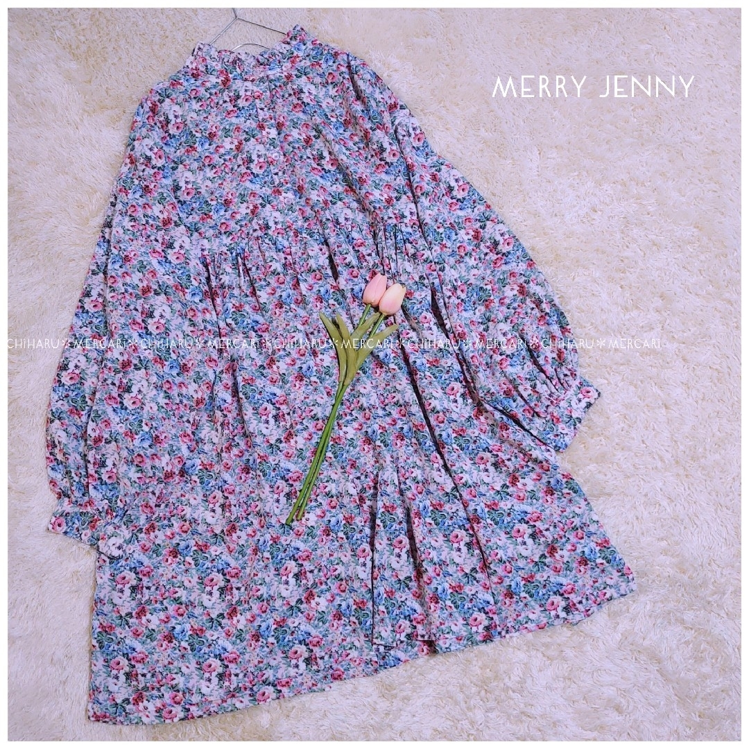 merry jenny(メリージェニー)の《merry jenny》flowerフリルスタンドカラーミニワンピース レディースのワンピース(ひざ丈ワンピース)の商品写真