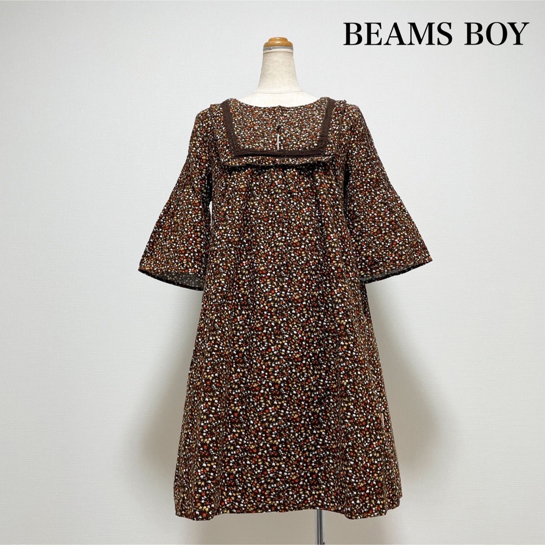 BEAMS BOY(ビームスボーイ)のBEAMS BOY 小花柄コーデュロイワンピース チュニック ブラウン コットン レディースのワンピース(ひざ丈ワンピース)の商品写真