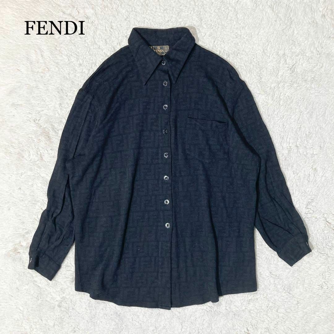 42着丈【総柄☆美品】FENDI フェンディ ズッカ柄 ウール シャツ ブラック 42