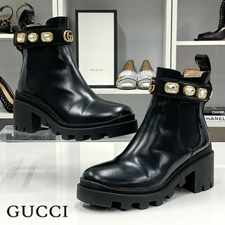 グッチ(Gucci)の8550 グッチ レザー ビジュー ベルト サイドゴア ショートブーツ ブラック(ブーツ)