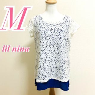 lil nina M 半袖カットソー レース レイヤード ブルー ホワイト 花柄(カットソー(半袖/袖なし))