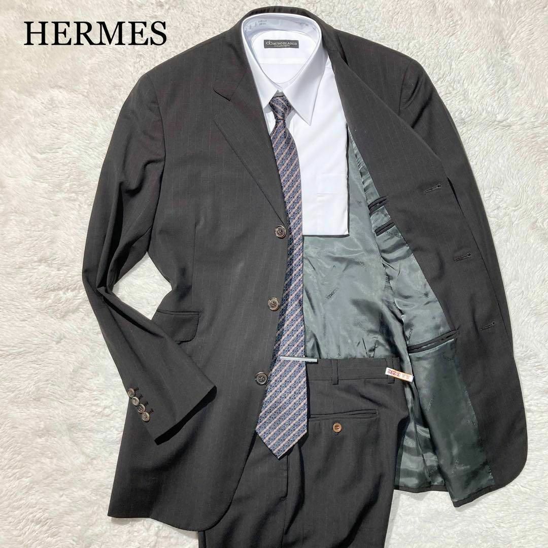 82cmボトムスウエスト【極美品】HERMES エルメス スーツ ブラック 黒 ストライプ 裏地ロゴ M